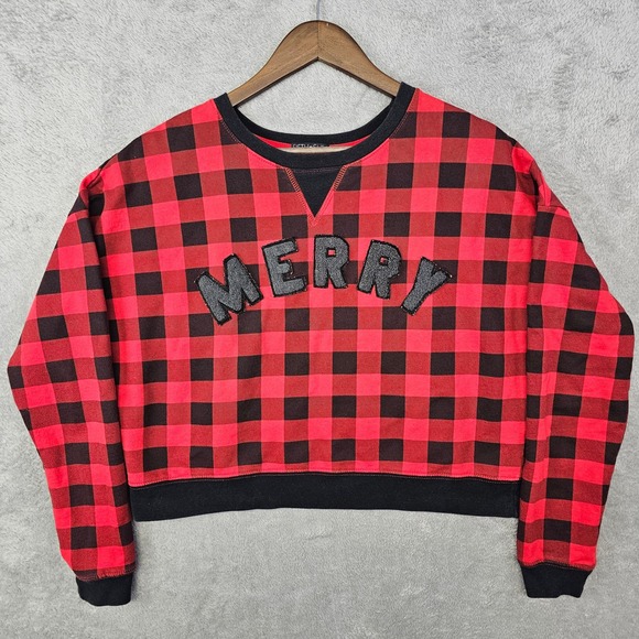 Fifth Sun Women's Cropped Buffalo Plaid‎ MERRY Sweatshirt Holiday Women's Large - Picture 6 of 9